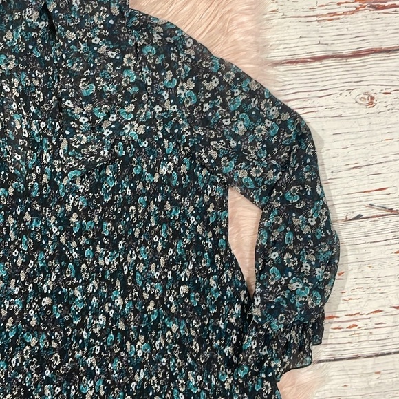 Zara Floral Blue Black Floral Tie Neck Pleated Plisse Mini Dress - Picture 11 of 11